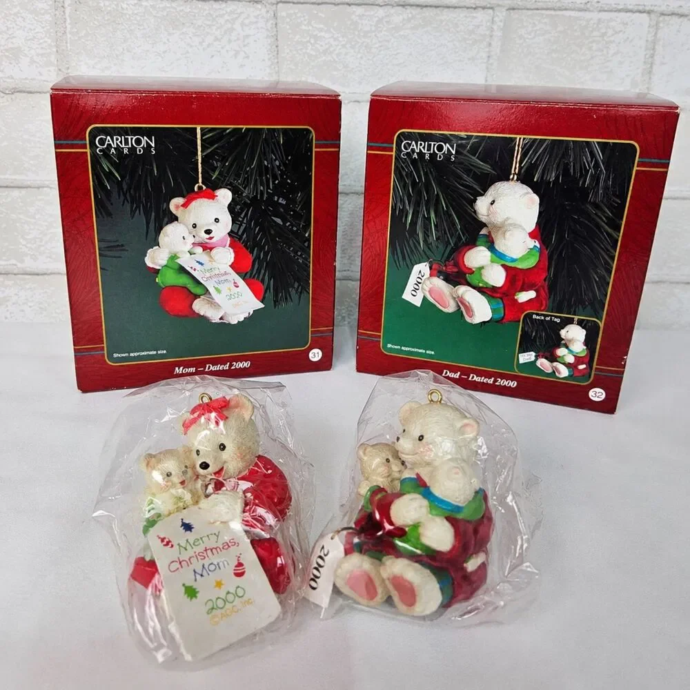 Carlton Cards Heirloom 2000 Mom Dad Bear Christmas Ornaments Vintage Boxed Set